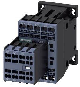 Industrial contactor, black and grey, with multi-tier connection terminals, marked with 'Siemens' and 'Sirius', for controlling electrical circuits.