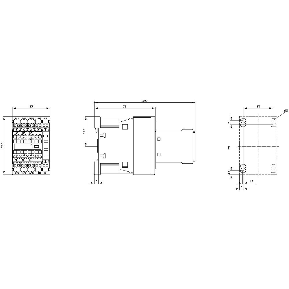 Technical Drawing of an Electrical Component with Three Views: Front View, Side View, and Top View, including Dimensional Specifications.