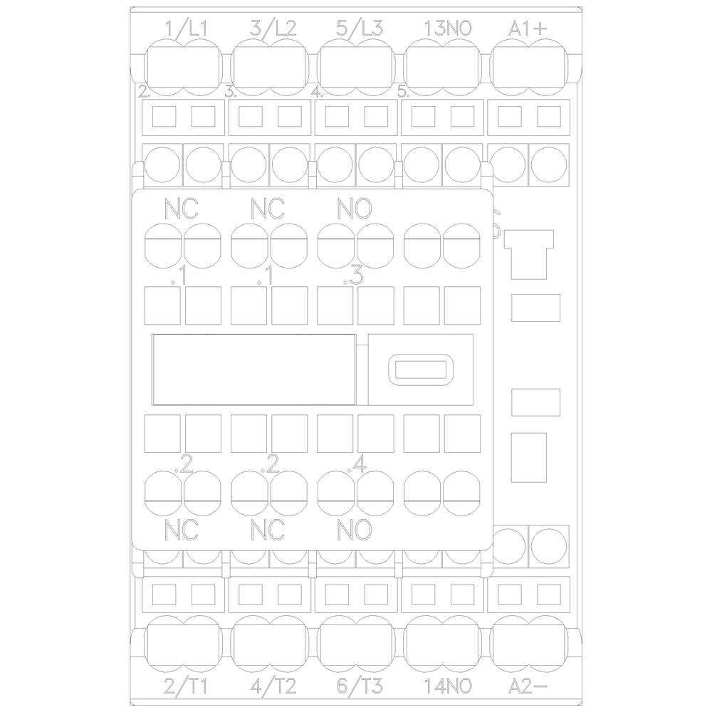 'Circuit diagram of a protective relay with labelled terminals and switching positions in top view.'