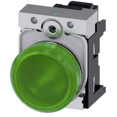 Green LED push button with iridescent housing, mounted on a black bracket, suitable for control applications.