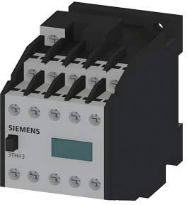 'Image of a Siemens 3TH43 contactor. It shows a front view of the black and grey switching device used for controlling electrical circuits.'