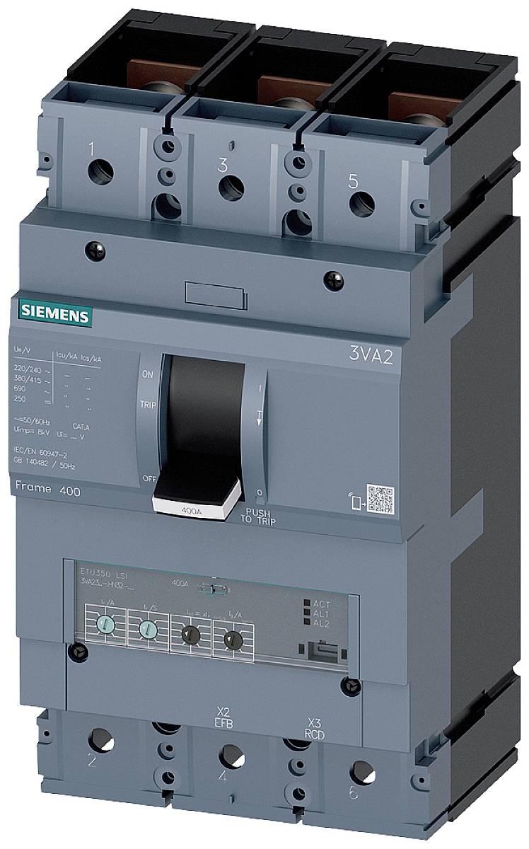 A blue Siemens performance circuit breaker with three terminal clamps at the top and bottom. Printing: '3VA2', 'Frame 400', QR code.