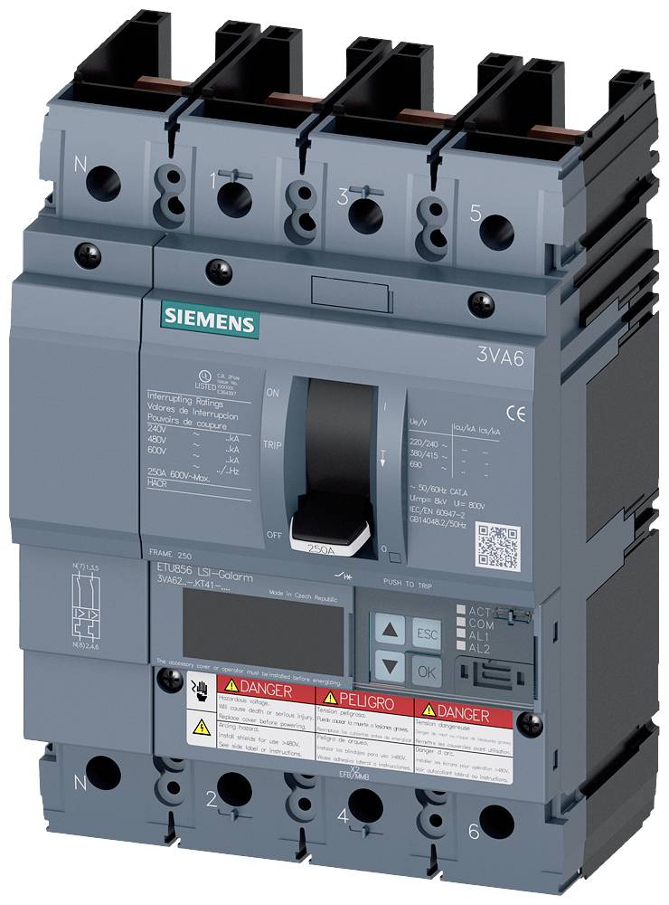 A grey circuit breaker with 'Siemens' inscriptions, various technical specifications and warning symbols at the bottom.