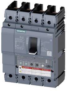 A grey Siemens power circuit breaker with four poles, labels, and warning notices is clearly visible.