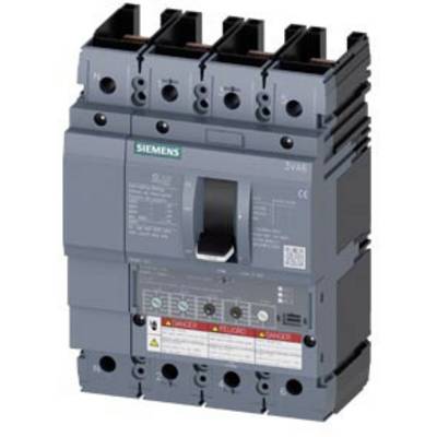 A grey Siemens power circuit breaker with four poles, labels, and warning notices is clearly visible.