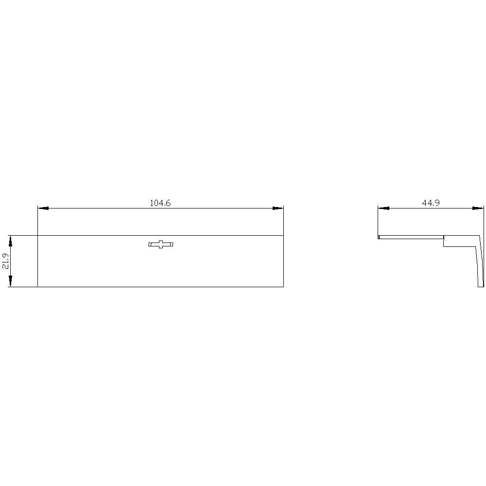 Technical drawing of a component with dimensions: Length 104.6, Height 21.9, Width 44.9. Shows details and proportions.