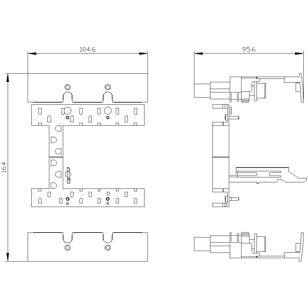 Technical drawing of a component with dimensions 104.6 mm width, 164 mm height, and 95.6 mm depth, with detailed mounting points.