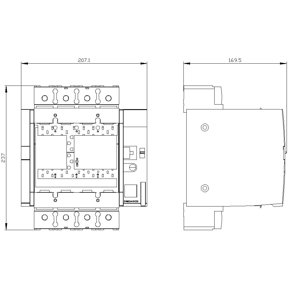 Technical drawing of an electrical switch with dimensions: Width 207.1 mm, Depth 169.5 mm, Height 237 mm, Front view and Side view.