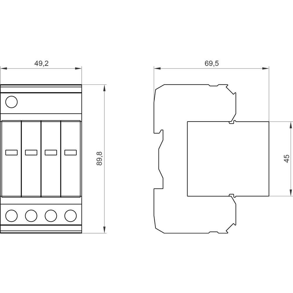 Technical drawing of a switch with dimensions: width 49.2 mm, depth 69.5 mm, height 89.8 mm. Profile view shows 45 mm height.