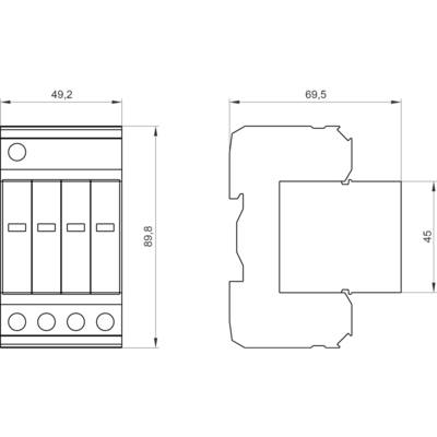 Technical drawing of a switch with dimensions: width 49.2 mm, depth 69.5 mm, height 89.8 mm. Profile view shows 45 mm height.