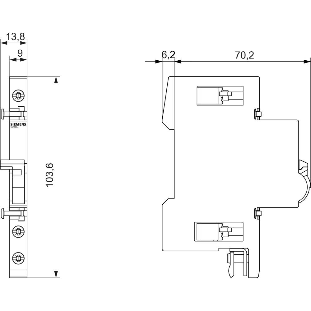Technical drawing of an electrical component by Siemens with dimensions in millimetres: height 103.6, width 70.2.