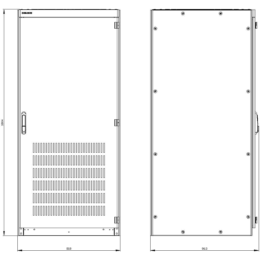 A technical drawing of a rectangular electrical cabinet with one door, side view with dimensions specified in mm.
