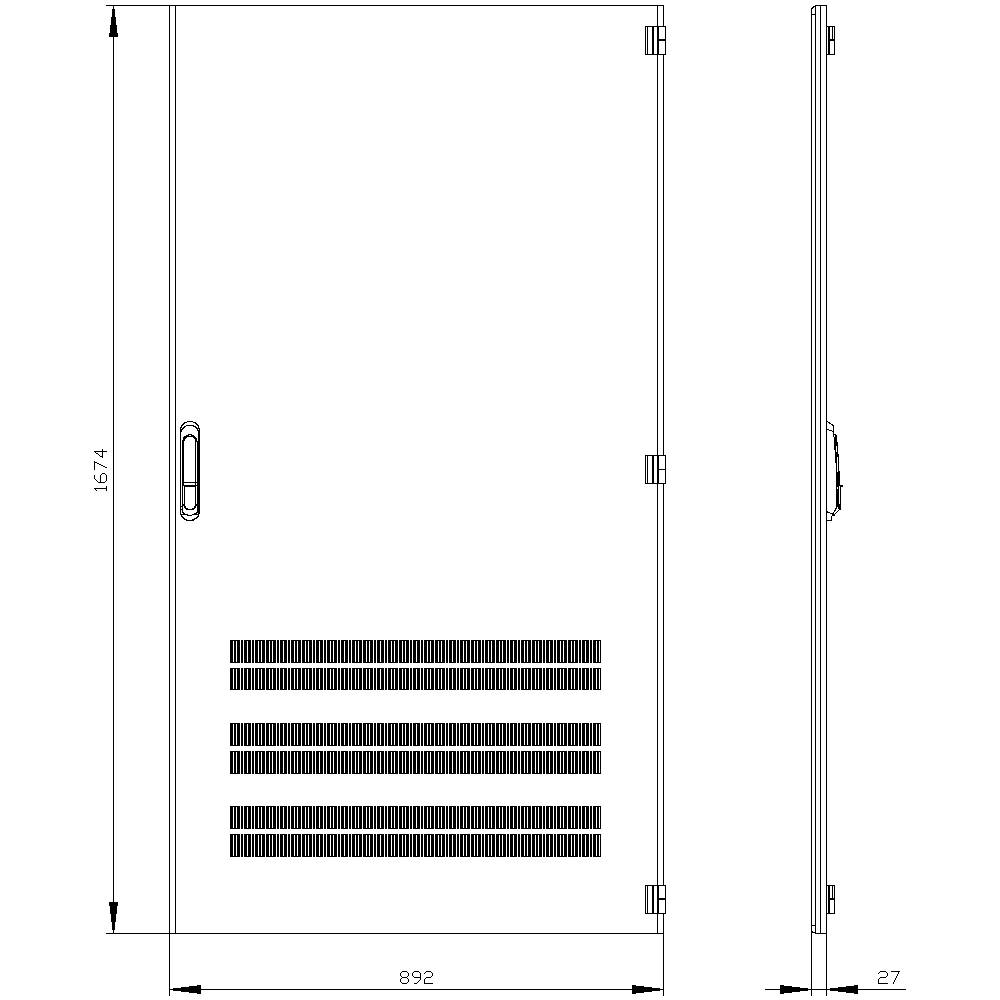 View of a cabinet door with ventilation slots, dimensions: height 1574 mm and width 892 mm; side view shows a depth of 27 mm.