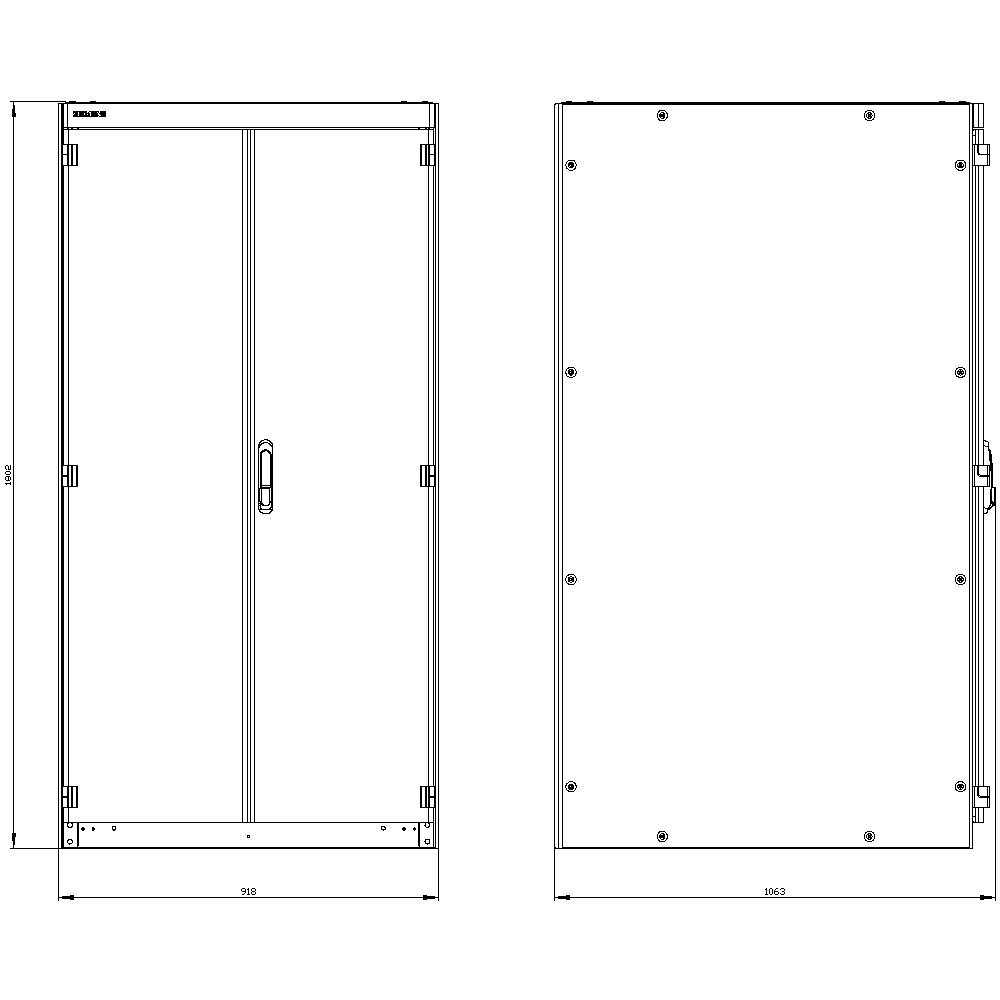 Drawing of a two-door cupboard, right side view. Dimensions given: height 1962 mm, width 968 mm.