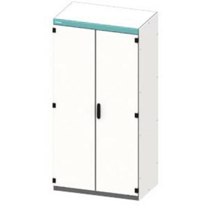 A white, standing wardrobe with two doors and a black handle in the centre. A turquoise stripe is located at the top.
