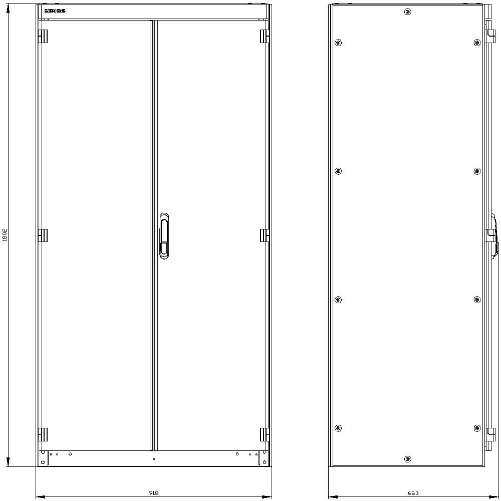 Front and side view of an electrical cabinet with dimensions. Left: 2032 mm high, 968 mm wide; Right: 2032 mm high, 663 mm wide.