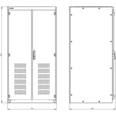 Figure of a technical cabinet with double doors in front and side view. Dimensions: 858 mm width, 2154 mm height.