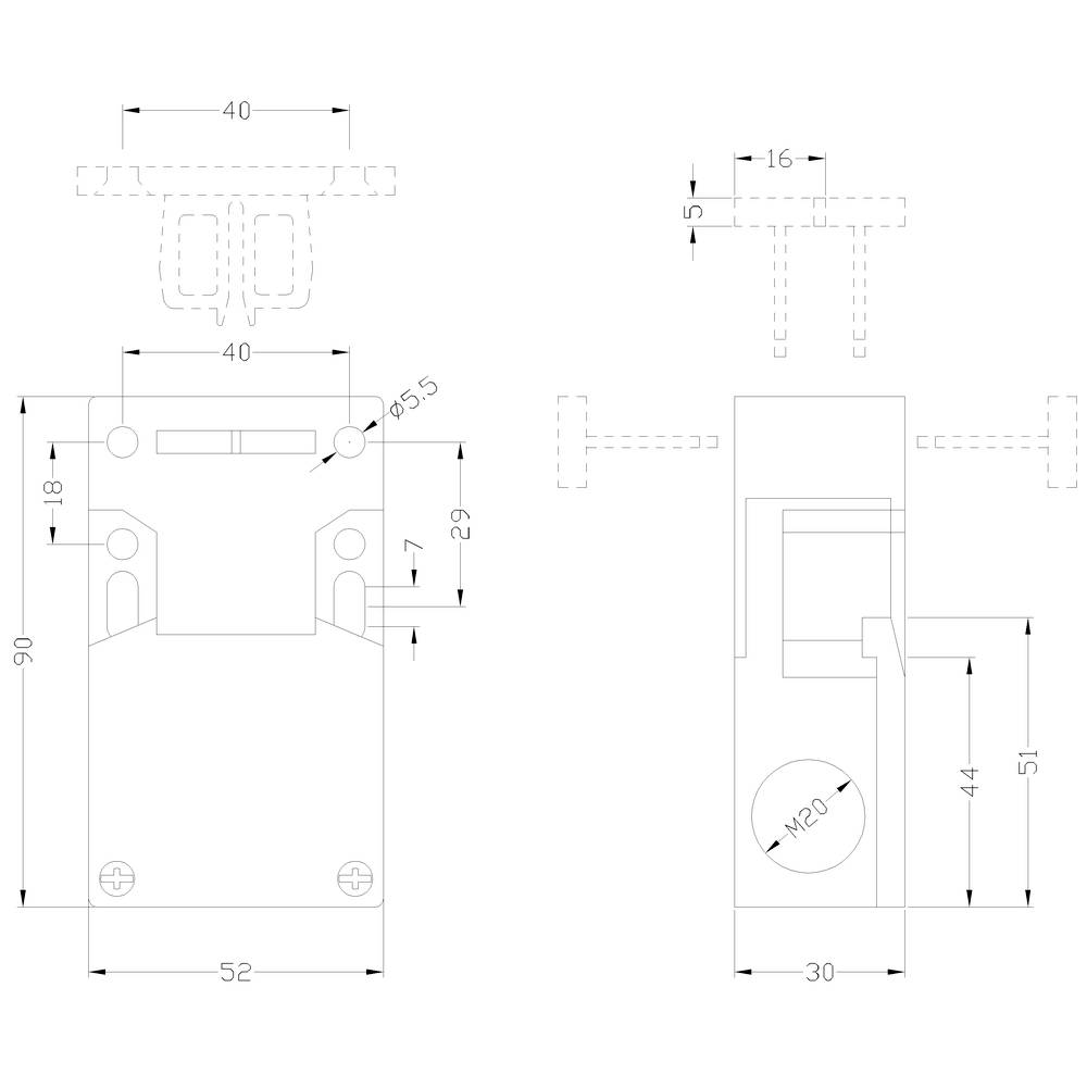 Technical drawing of a mechanical component with dimensions: Height 90 mm, Width 52 mm, Depth 51 mm. Dimensions and holes marked.