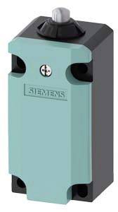 Industrial switch in teal and grey, with a protruding button on top and visible screws in the centre, Siemens brand.