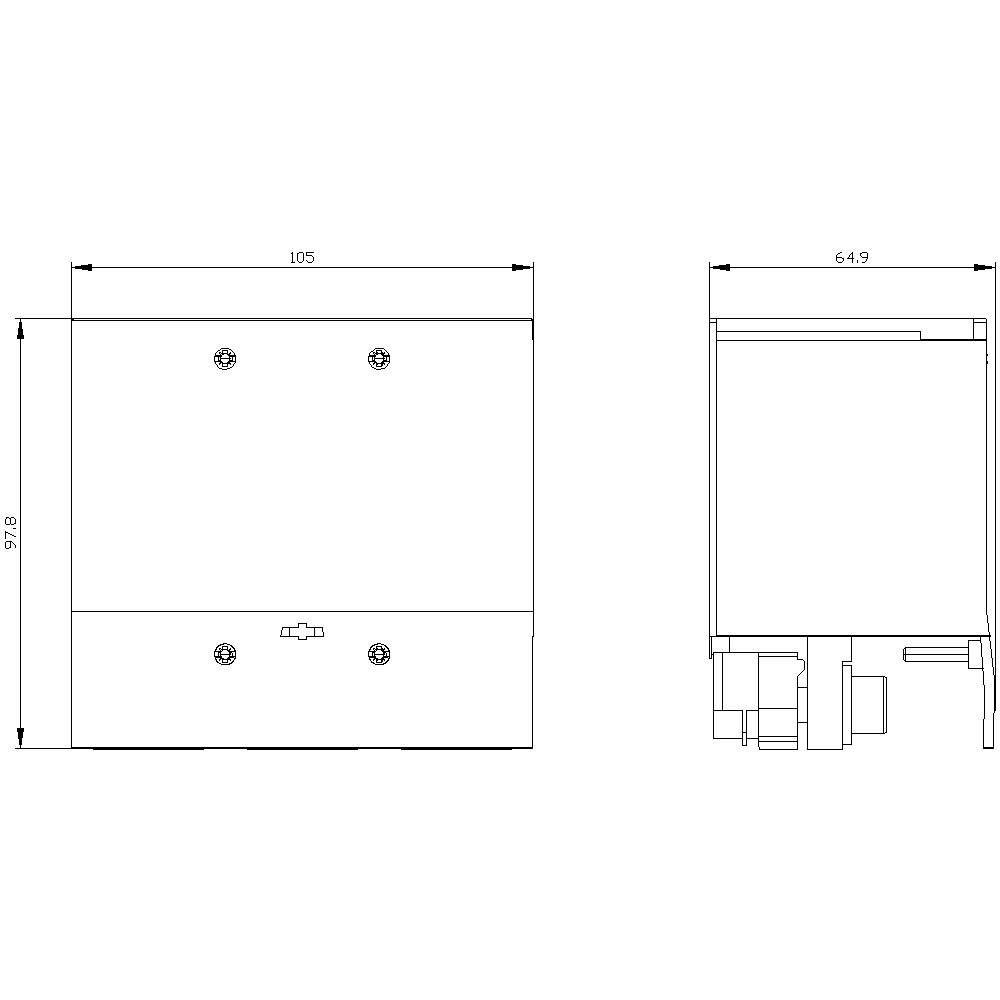 Technical drawing of a rectangular object with dimensions 105mm x 97.6mm in front view and 64.9mm in side view.