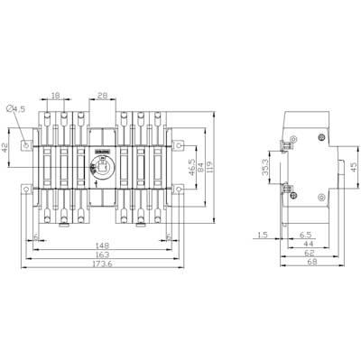 Technical drawing of an electrical switch with detailed dimensions in millimetres; front and side view.