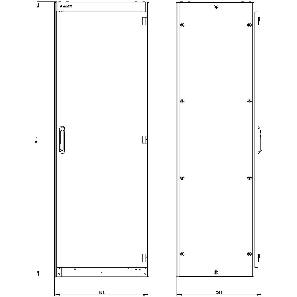 'Technical drawing of an electrical control cabinet.' The front and side views are shown, with detailed dimensions in millimetres.