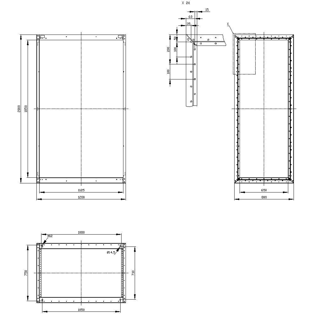 Technical drawing of a rectangular enclosure with precise dimensions in various views: front view, side view, and top view.
