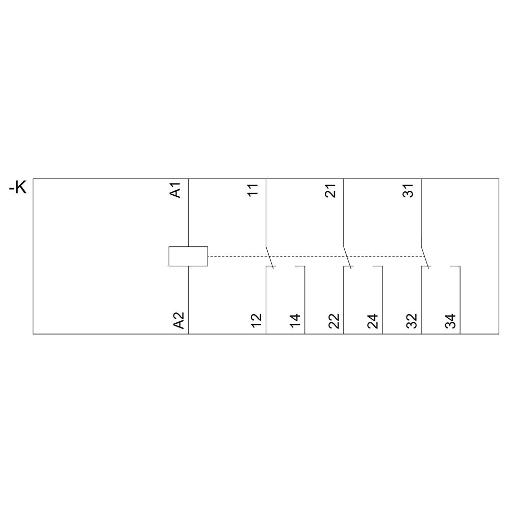 'Circuit Diagram: Connection from -K to A1 and A2. Numbers 11, 12, 14, 21, 22, 24, 31, 32, 34 indicate terminal points.'