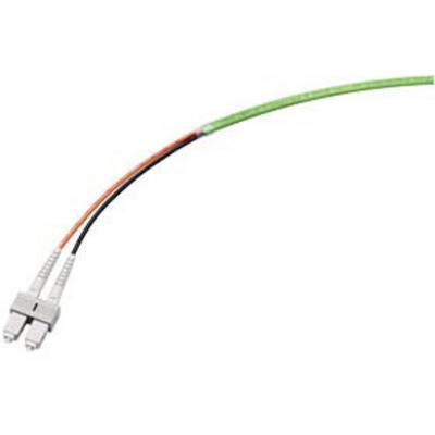 A fibre optic cable with SC connectors at both ends, green-sheathed with black and red marked fibres, used for data transmission.