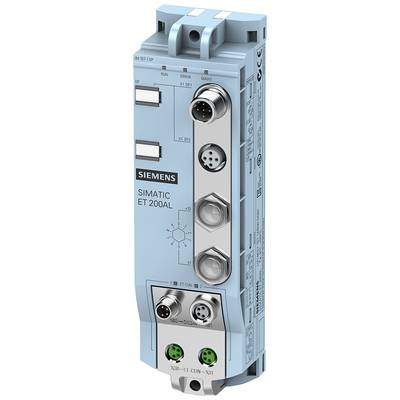 Siemens industrial module, SIMATIC ET 200AL, with a grey-blue housing featuring multiple round connectors on the front panel.