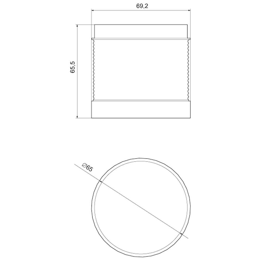 Technical drawing of a cylindrical object. Top: Side view with height 68.5 mm and width 69.2 mm. Bottom: Top view with diameter 68.5 mm.