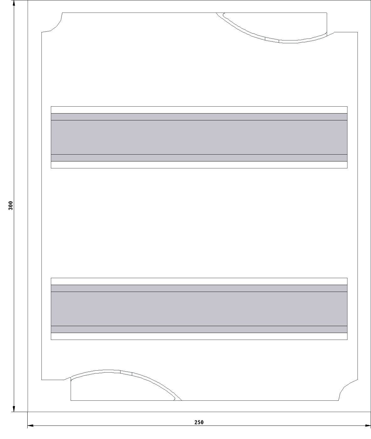 Technical drawing of an object with two horizontal grey stripes and dimensions 250 x 319. Key details are the structure and measurements.