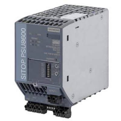 A Siemens SITOP PSU8600 power supply unit, with a grey housing and blue elements, displays connections and buttons on the front panel.