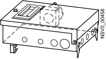 Line drawing of a rectangular metal enclosure with openings and a snap-on cover, suitable for electrical installations.