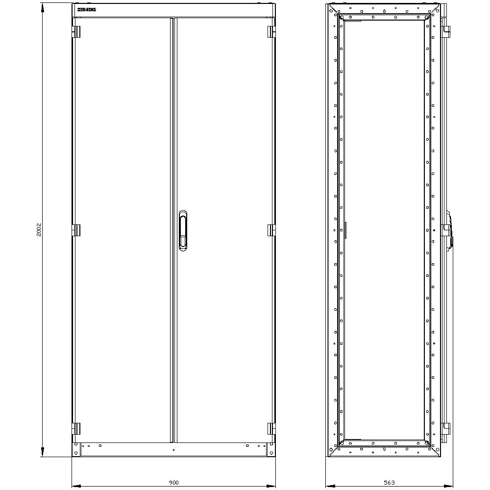 This technical drawing shows the front and side view of a cabinet with the following dimensions: height 2000 mm, width 800 mm, depth 563 mm.