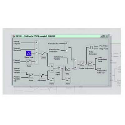 'Image of a flowchart with various process variables and control modules in the context of a control software application.'