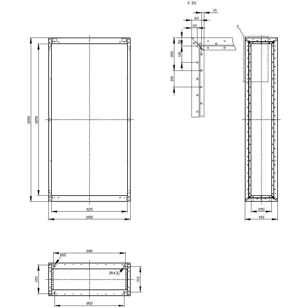 Technical drawing of a rectangular frame with dimensions 2000 x 1000 mm and details of wall mounting and screw positions.