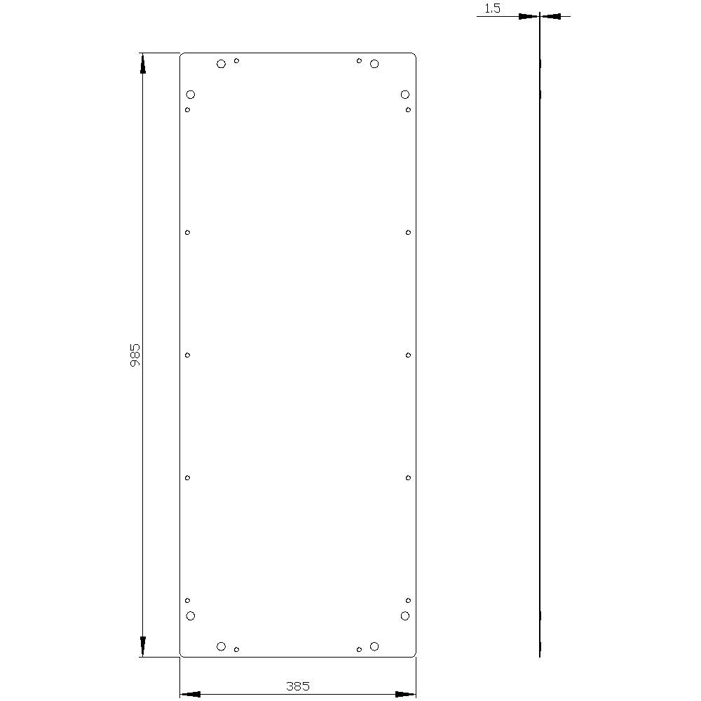 Technical drawing of a rectangular metal sheet, dimensions: 985 mm x 385 mm x 1.5 mm, with drilled holes along the edges.