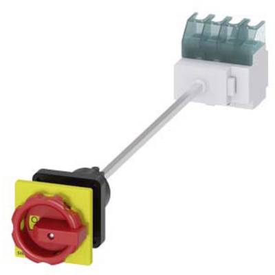 A red switch with a yellow background on a long pole, connected to an electrical device. Used for electrical cut-off.