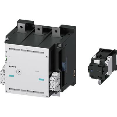A large, three-pole circuit breaker and a smaller contactor are shown side by side. Both bear the Siemens logo.