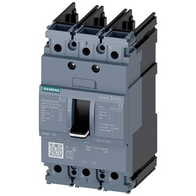 A three-pole Siemens circuit breaker in grey. It has five connection points on top and mounting screws.