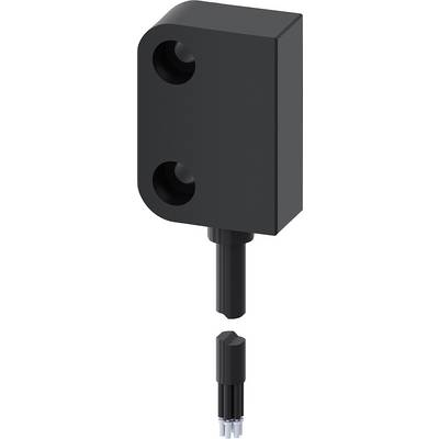 Black rectangular sensor with two circular openings and connected cable. Compact design, suitable for industrial applications.