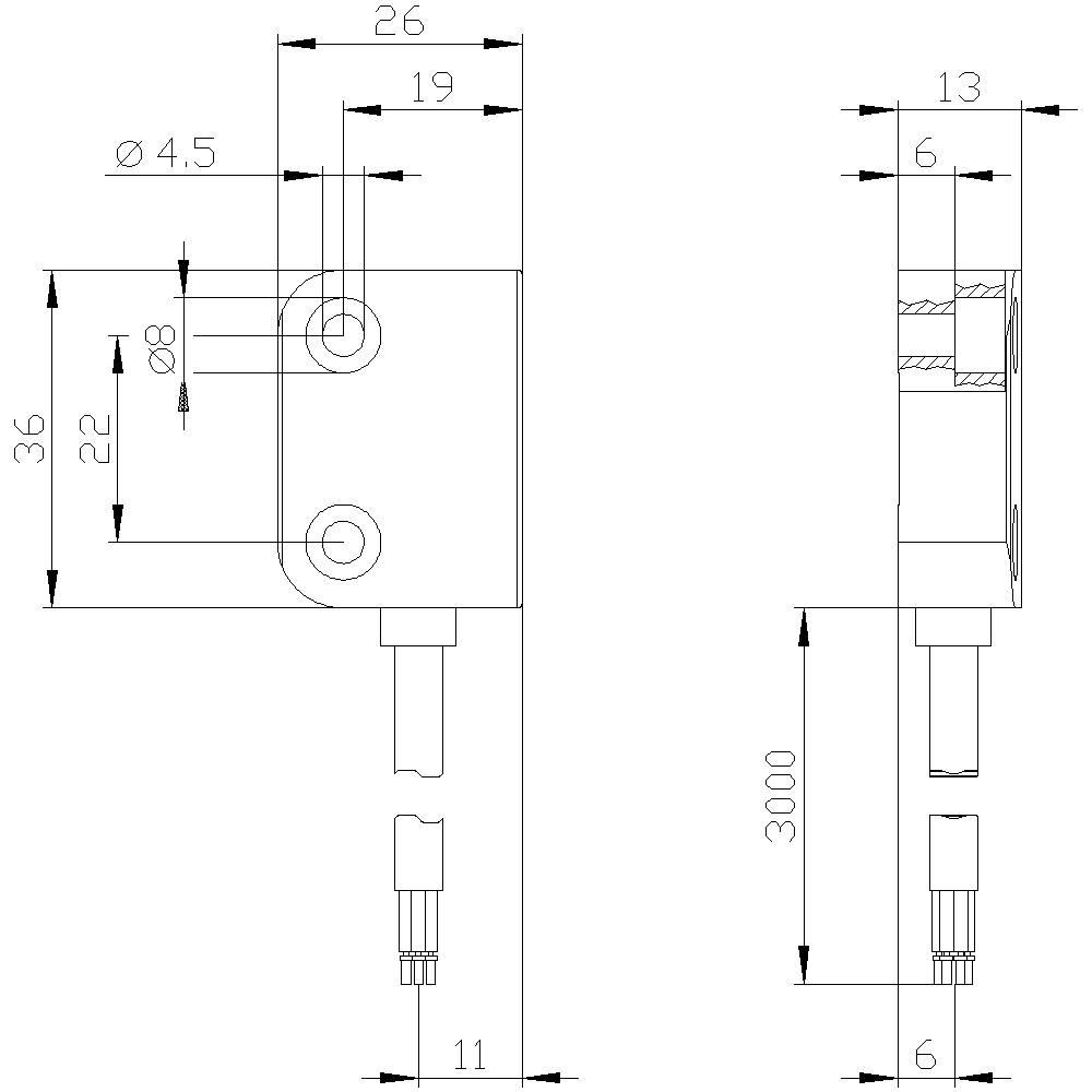 Technical drawing of an L-shaped metal part with holes and dimensions. Dimensions: 36x26 mm, holes Ø4.5 mm, wire length 3000 mm.