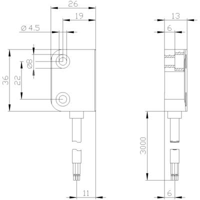 Technical drawing of an L-shaped metal part with holes and dimensions. Dimensions: 36x26 mm, holes Ø4.5 mm, wire length 3000 mm.