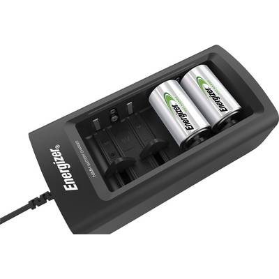 Energizer battery charger with two batteries inserted, ready to charge. Cable connected, charging status not visible.