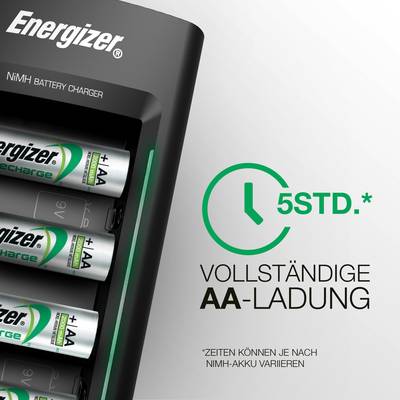 Black battery charger by Energizer with four AA batteries inserted. Clock symbol next to it displays '5HRS.', with text 'Full AA Charge'.