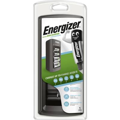 Packaging containing an Energizer battery charger, compatible with AA, AAA, C, D and 9V batteries. Includes an image of the charger.