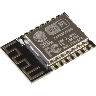 An ESP8266 Wi-Fi module, rectangular in shape, with an antenna coil and 'Wi-Fi' printed on it, is designed for wireless network connectivity.