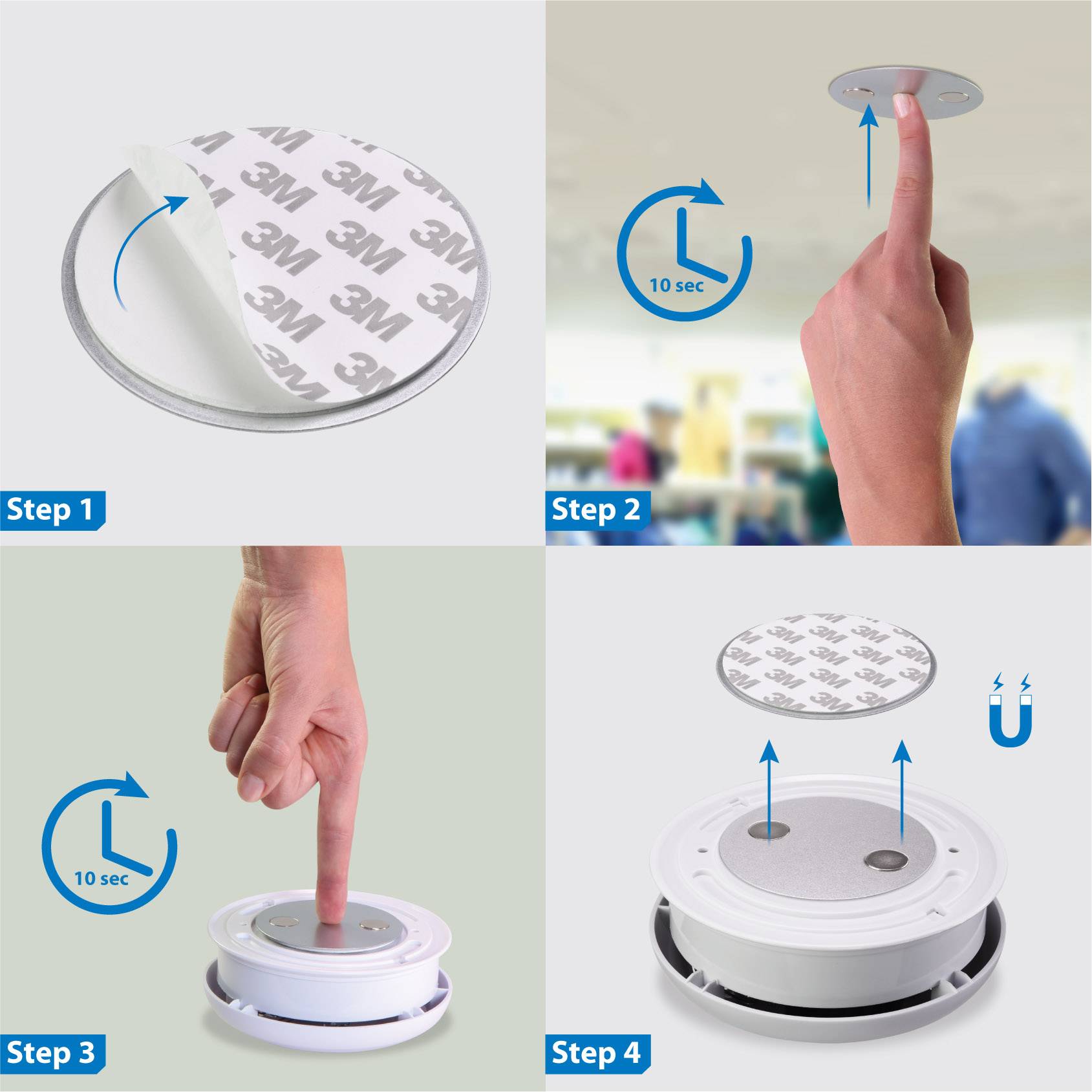 Installation Steps for Smoke Detector: 1. Remove protective film, 2. Press ceiling mounting for 10 seconds, 3. Secure smoke detector.