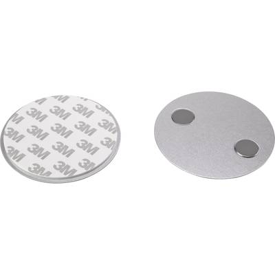 'Two round metal plates with 3M adhesive tape on one side and two magnets on the other, for mounting purposes.'